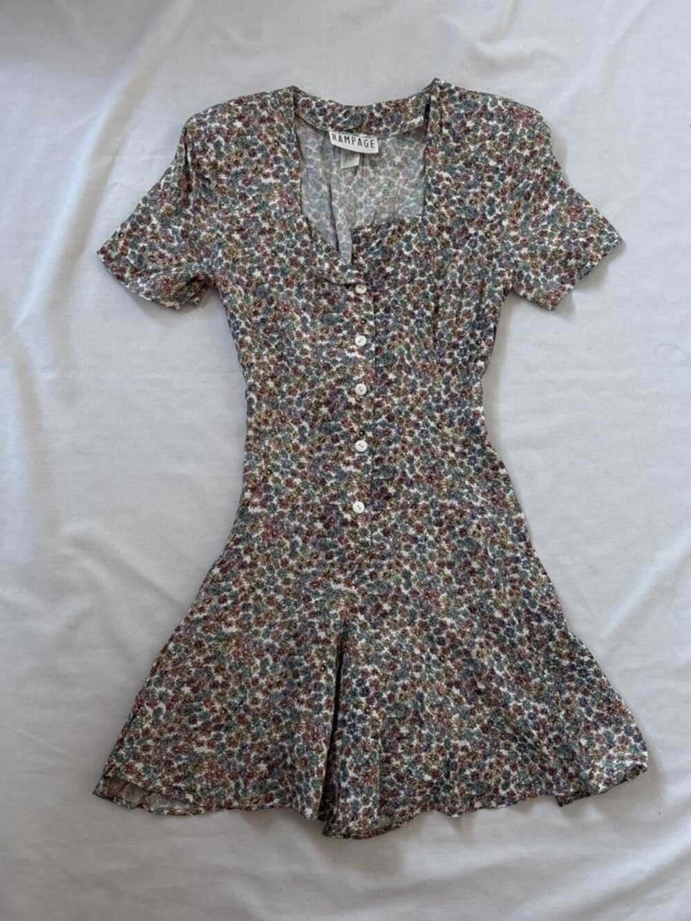 Vintage 90s Rampage Floral Rayon Romper Dress Button Front Tie Back Size M USA